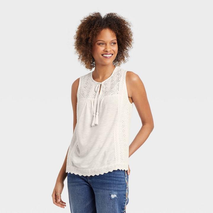 Women's Eyelet Lace Rib Knit Tank Top - Knox Rose White