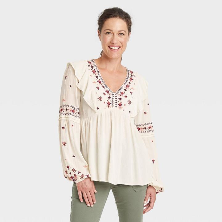 Women's Ruffle Long Sleeve Embroidered Blouse - Knox Rose Ivory Floral