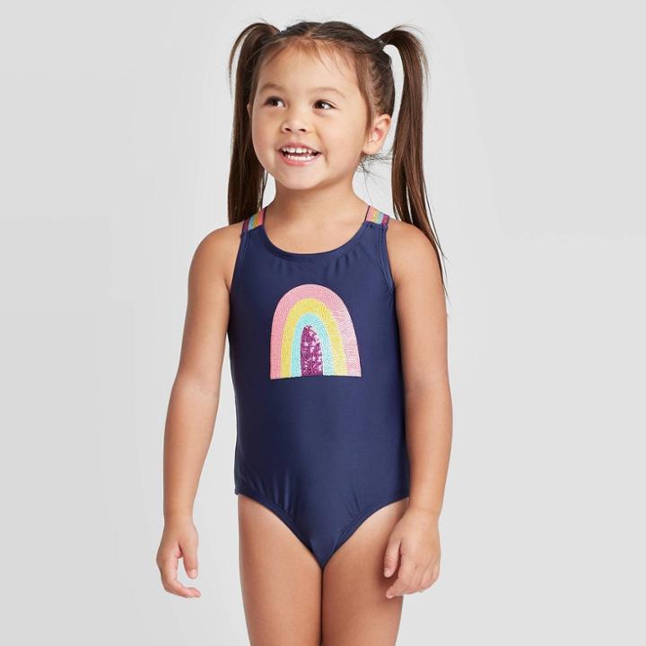 Toddler Girls' Rainbow Elastic Strap One Piece Swimsuit Set - Cat & Jack Navy 12m, Toddler Girl's, Blue
