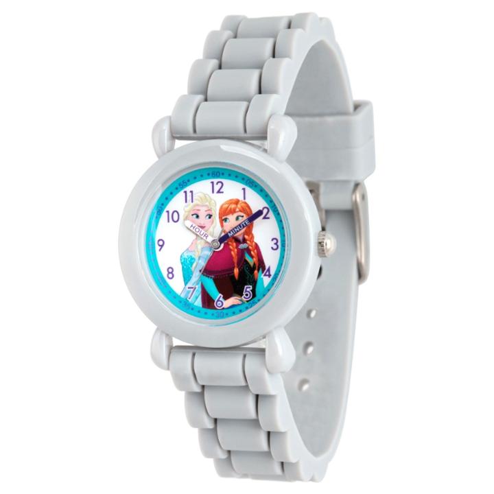 Girls' Disney Frozen Elsa & Anna Gray Plastic Time Teacher Watch, Gray Silicone Strap, Wds000133