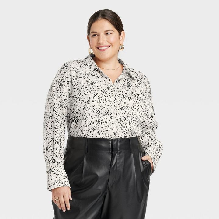 Women's Plus Size Long Sleeve Satin Button-down Shirt - A New Day Tan Leopard Print