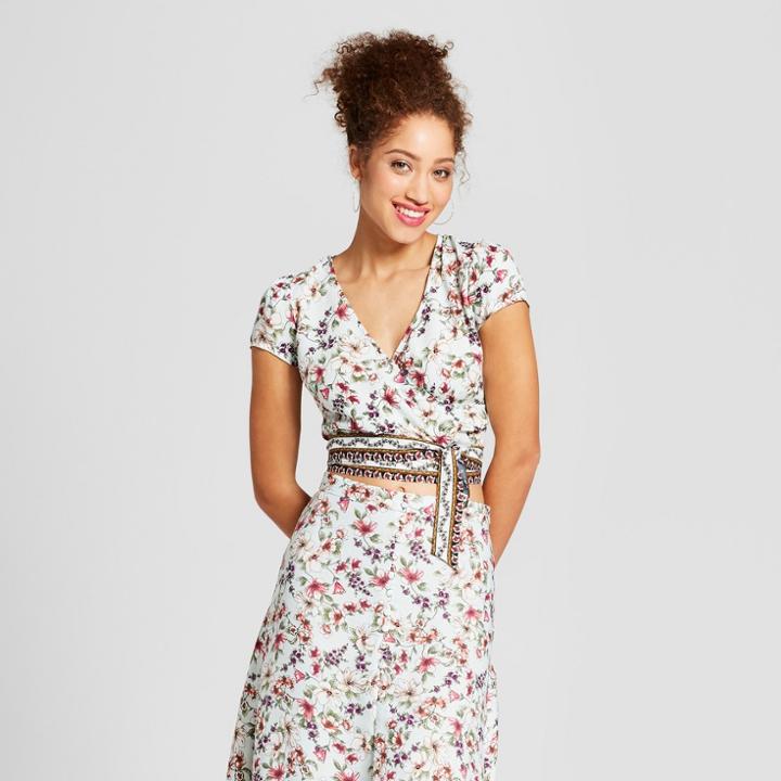 Women's Floral Print Short Sleeve Wrap Top - 3hearts (juniors') Mint