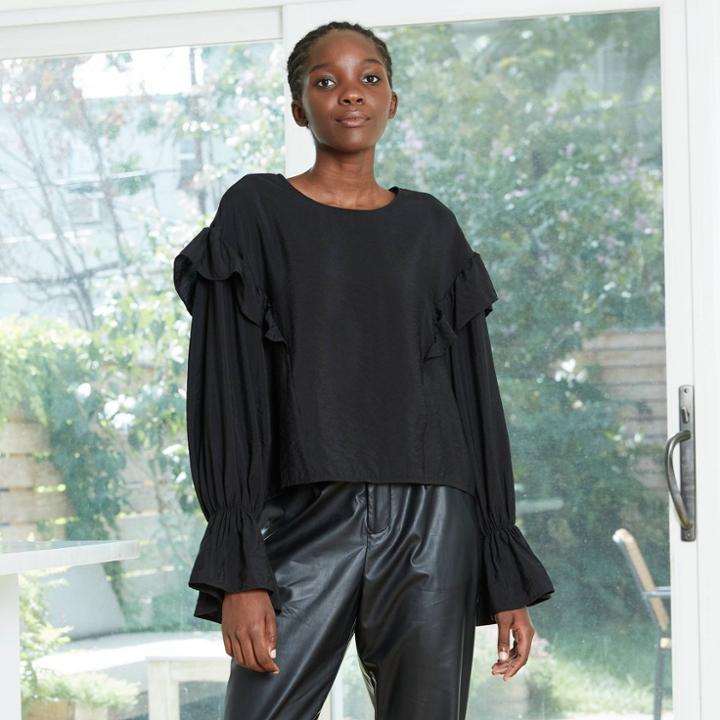 Women's Bishop Long Sleeve Ruffle Taffeta Top - Prologue Black