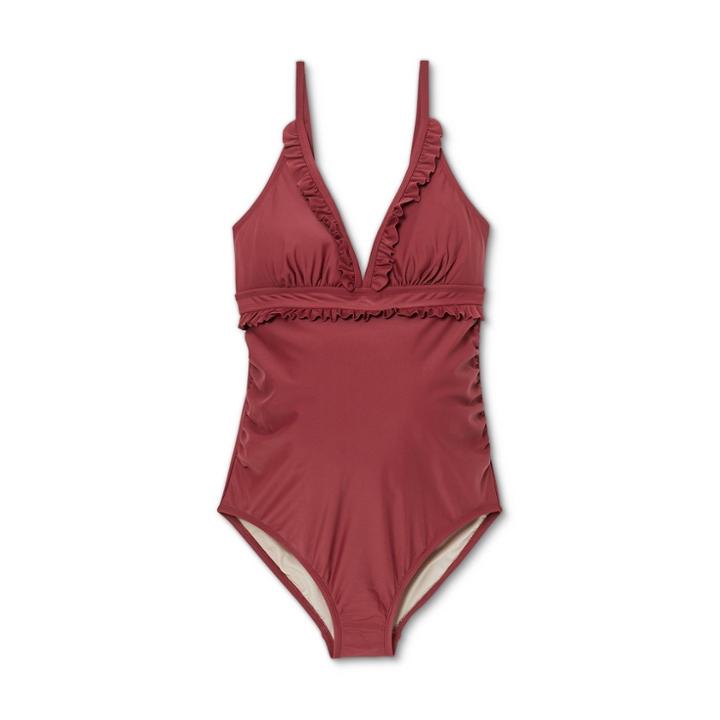 V-neck Micro Ruffle One Piece Maternity Swimsuit - Isabel Maternity By Ingrid & Isabel Light Burgundy