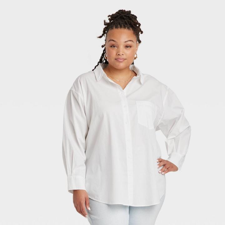 Women's Plus Size Long Sleeve Button-down Oversized Shirt - Ava & Viv White X