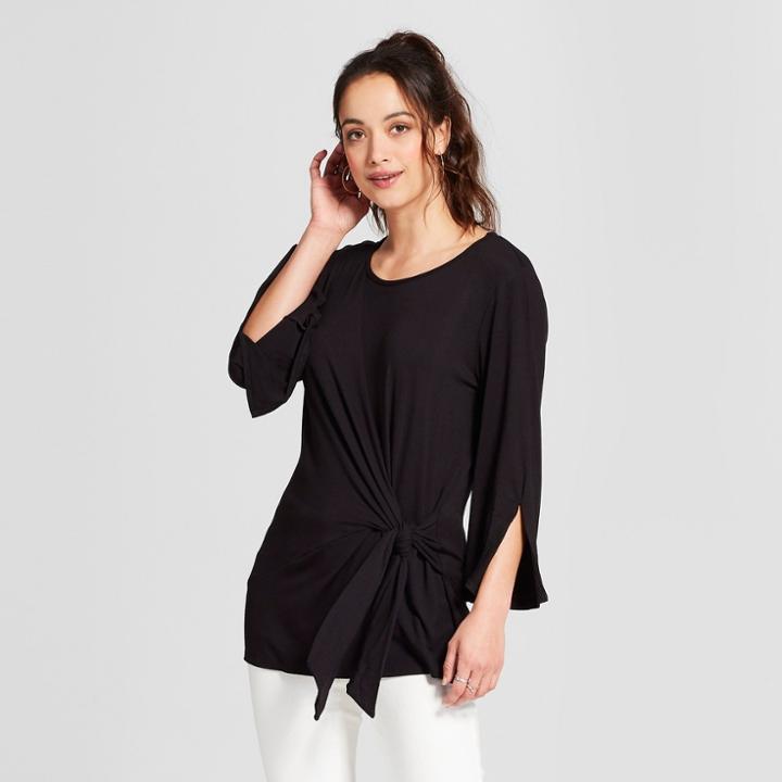Women's 3/4 Sleeve Tie Front Blouse - Notations - Black
