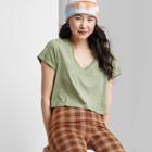Women's Short Sleeve Boxy Cropped V-neck T-shirt - Wild Fable Olive Green