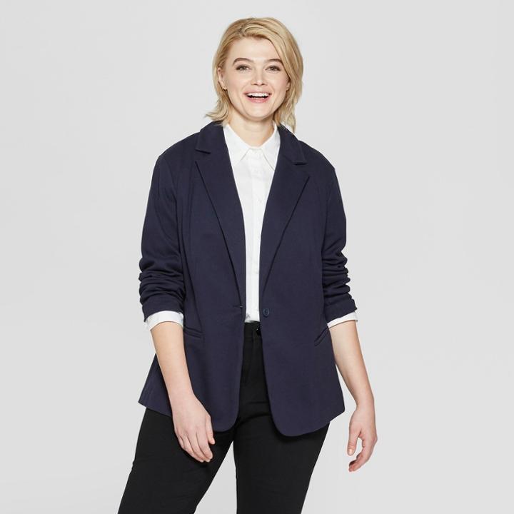 Women's Plus Size Knit Blazer - Ava & Viv Navy (blue)