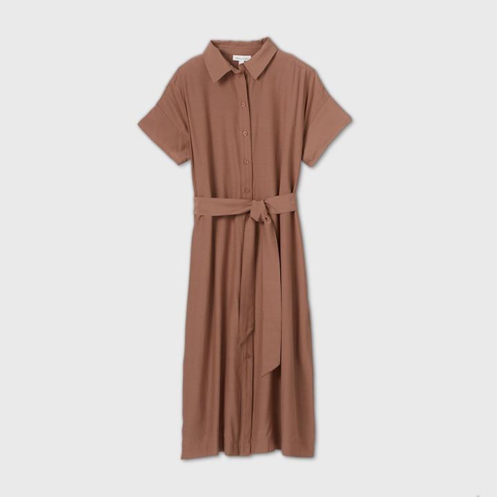 Women's Short Sleeve Front Button-down Dress - Prologue Brown