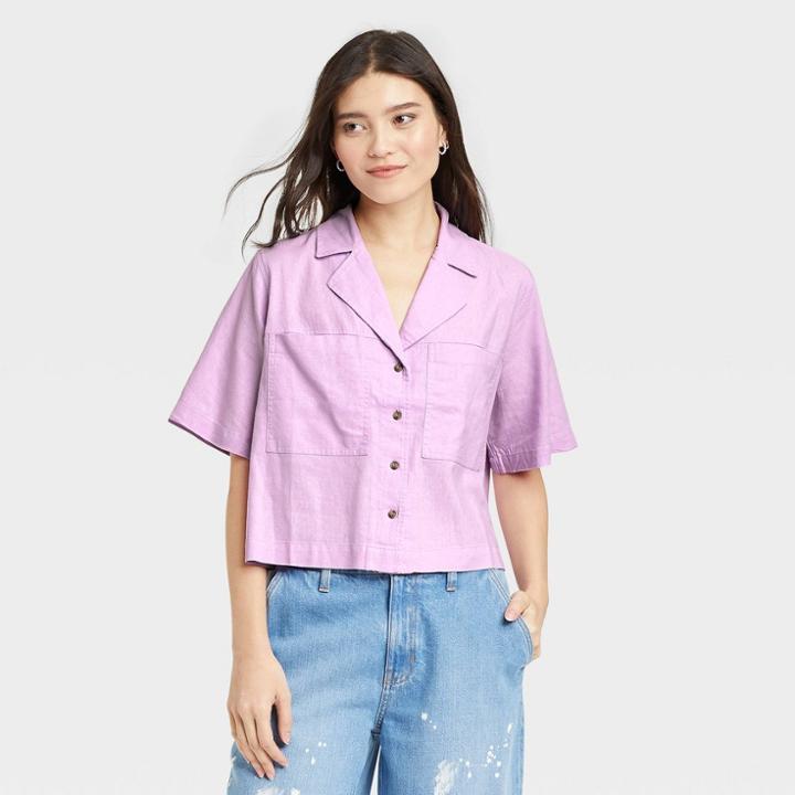 Women's Short Sleeve Button-down Shirt - Universal Thread Purple