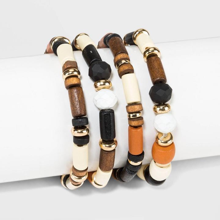 Mixed Wood Beaded Stretch Bracelet Set - A New Day Black