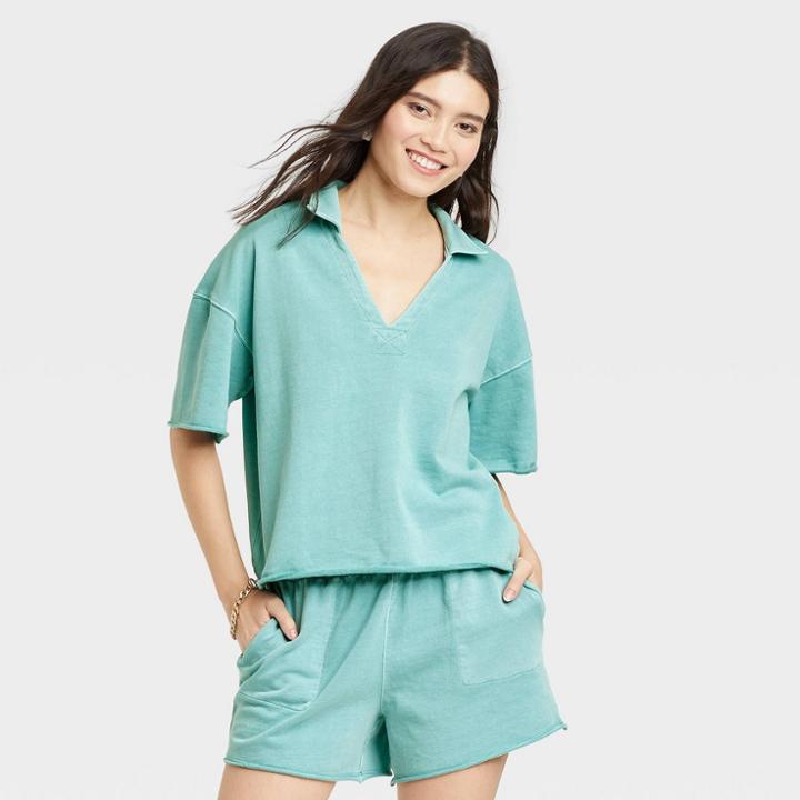 Women's Short Sleeve Collared French Terry Polo T-shirt - Universal Thread Aqua Blue