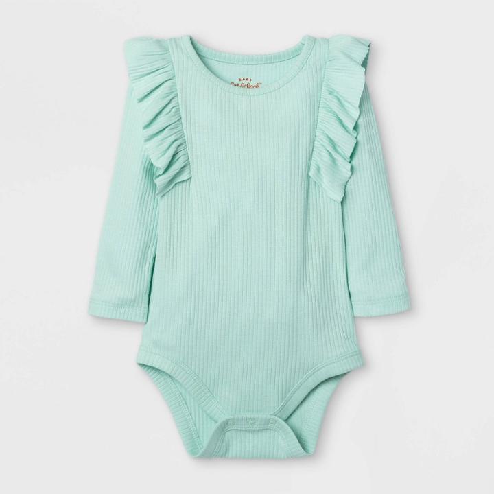Baby Girls' Rib Ruffle Long Sleeve Bodysuit - Cat & Jack Mint Newborn, Green