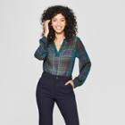Women's Long Sleeve Plaid Popover Blouse - A New Day Navy