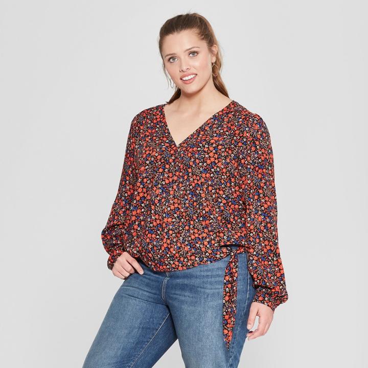 Women's Plus Size Floral Print Long Sleeve Wrap Top - Universal Thread Orange X
