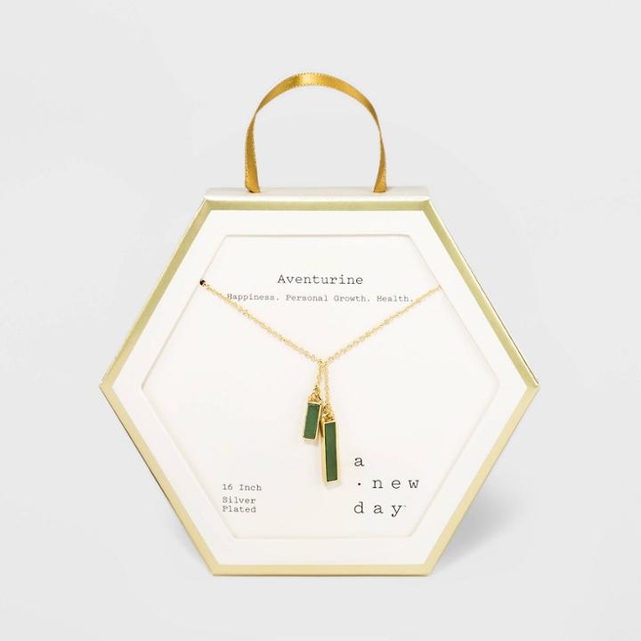 Silver Plated With Gold Flash And Semi-precious Adventurine Double Bar Y Necklace - A New Day Green, Women's