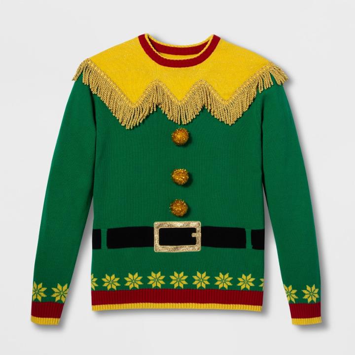 33 Degrees Men's Ugly Christmas Elf Fringe Yoke Long Sleeve Pullover Sweater - Green