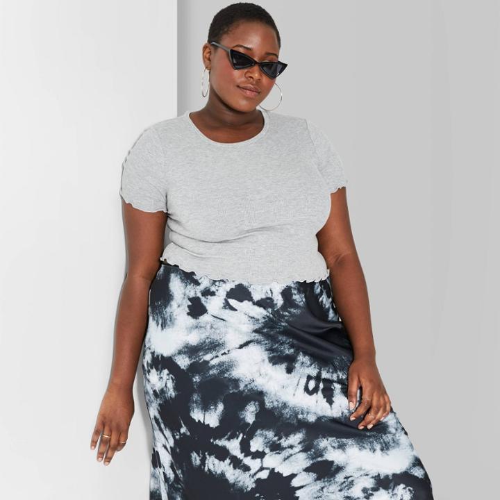 Women's Plus Size Short Sleeve Crewneck Lettuce Edge Baby T-shirt - Wild Fable Heather Gray
