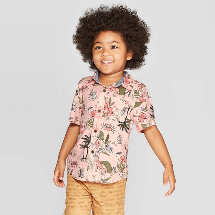 Toddler Boys' Challis Tropical Print Short Sleeve Woven Button-down Shirt - Cat & Jack Pink