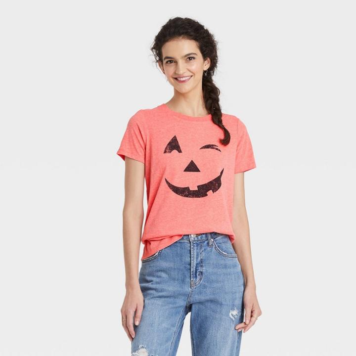 Grayson Threads Women's Halloween Pumpkin Face Short Sleeve Graphic T-shirt - Orange