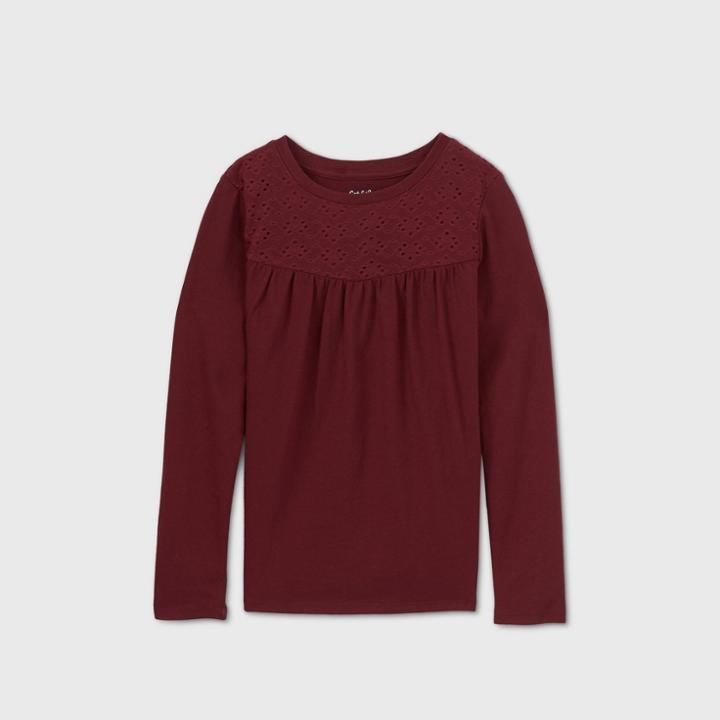 Girls' Long Sleeve Crochet Knit Top - Cat & Jack Burgundy