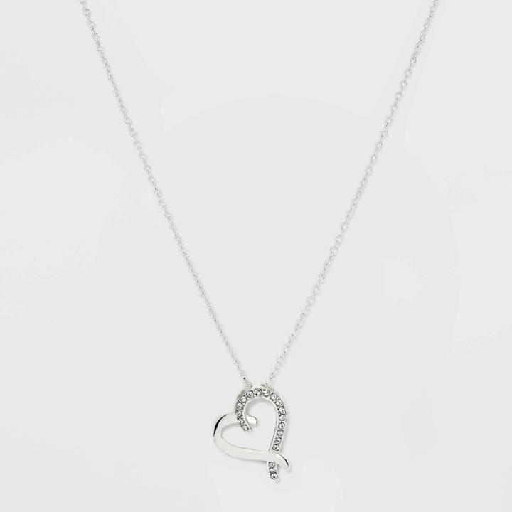 No Brand Silver Plated Crystal Open Heart Pendant Necklace