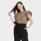 Women's Flutter Short Sleeve Eyelet Top - A New Day Brown