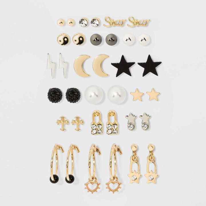 Acrylic Stones And Cubic Zirconia Stud Earring Set 18pc - Wild Fable Gold