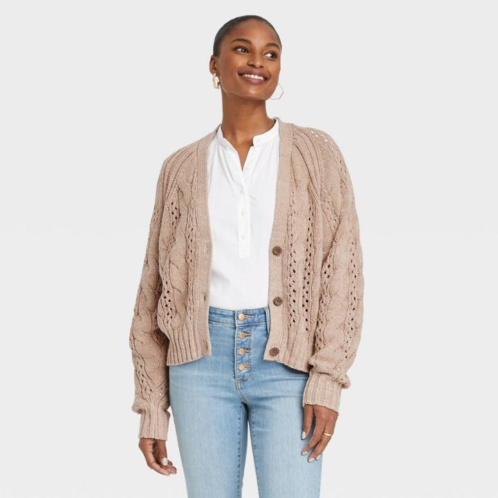 Women's Button-front Cable Stitch Cardigan - Universal Thread Taupe
