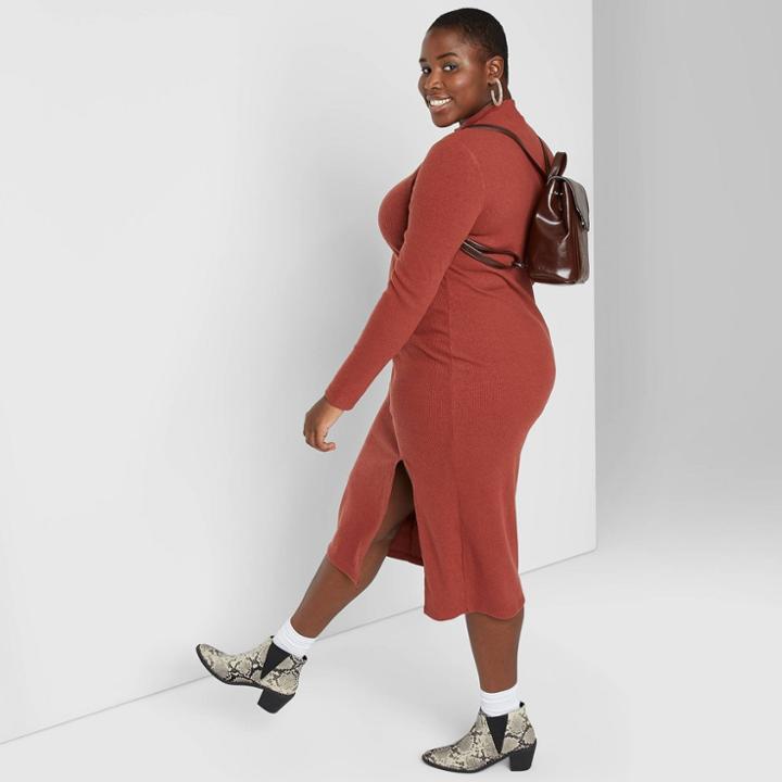 Women's Plus Size Long Sleeve Mock Turtleneck Rib Knit Midi Dress - Wild Fable Rust 1x, Women's, Size: