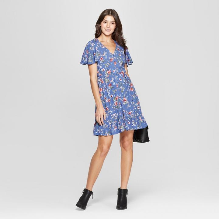 Women's Floral Print Short Sleeve Flutter Button-front Dress - Xhilaration