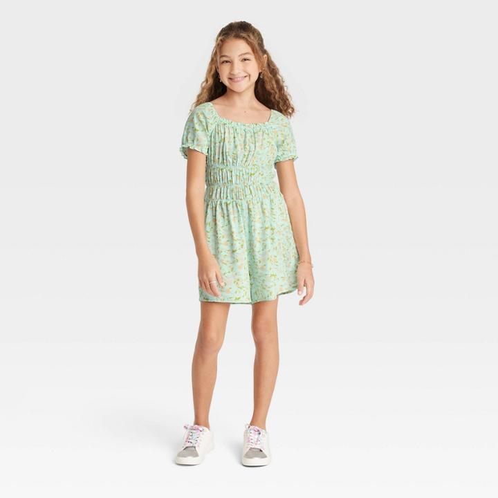 Girls' Puff Short Sleeve Printed Woven Romper - Art Class Light Blue Floral