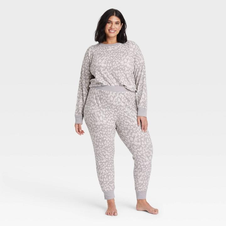 Women's Plus Size Leopard Print Thermal Pajama Set - Stars Above Gray