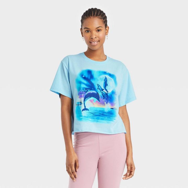 Mighty Fine Women's Dolphins Short Sleeve Cropped Graphic T-shirt - Blue
