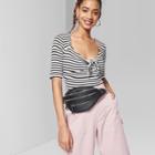 Women's Striped Sweetheart Tie Front Elbow Sleeve Top - Wild Fable Black/ivory/lilac