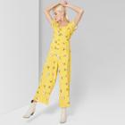 Women's Floral Print Short Sleeve Button Front Jumpsuit - Wild Fable Yellow