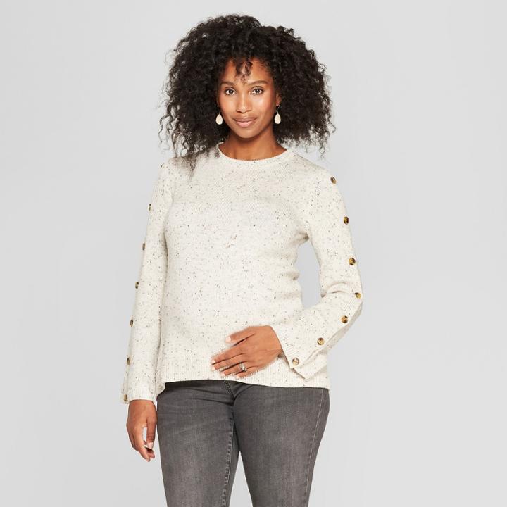 Maternity Button Sleeve Sweater - Isabel Maternity By Ingrid & Isabel Oatmeal Xl, Women's, Beige