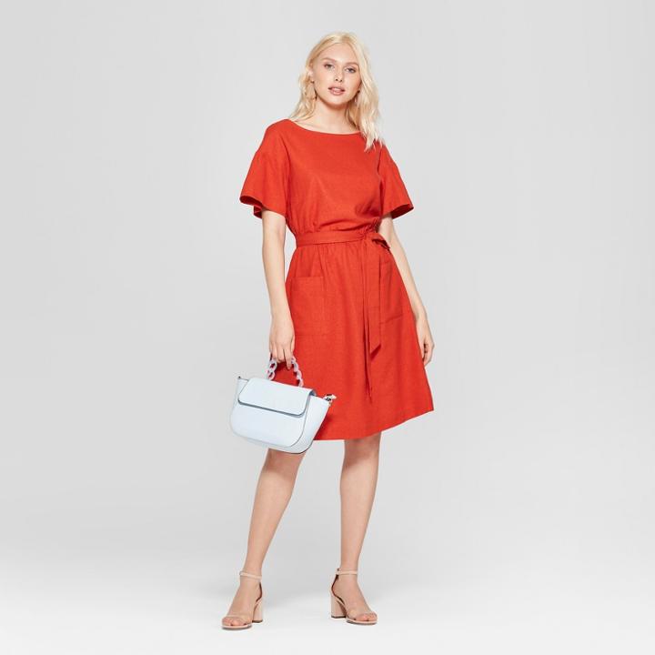 Women's Short Sleeve Crew Neck Tie Waist Dress - A New Day Rust