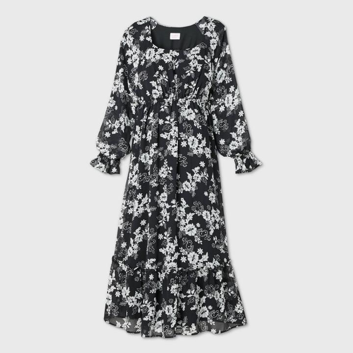 Floral Print Long Sleeve Chiffon Maternity Dress - Isabel Maternity By Ingrid & Isabel Black