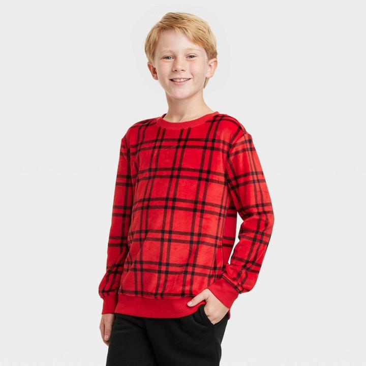 Boys' Microfleece Plaid Crewneck Sweatshirt - Cat & Jack Red