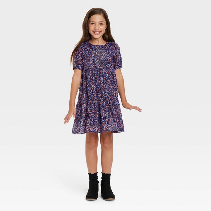 Girls' Puff Tiered Floral Dress - Cat & Jack Navy Blue