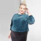 Women's Plus Size Long Sleeve Boxy Velour Crew Neck T-shirt - Wild Fable Green