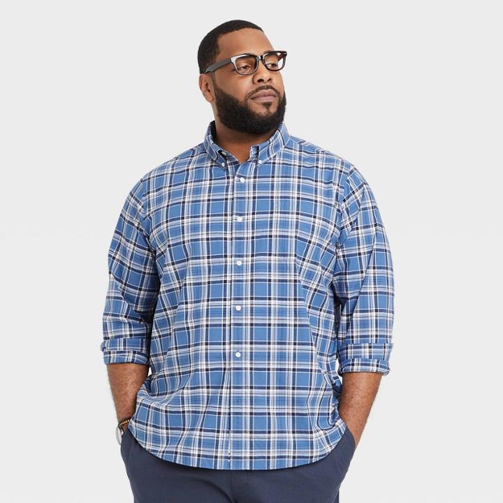 Men's Big & Tall Woven Poplin Long Sleeve Button-down Shirt - Goodfellow & Co Navy Blue/plaid