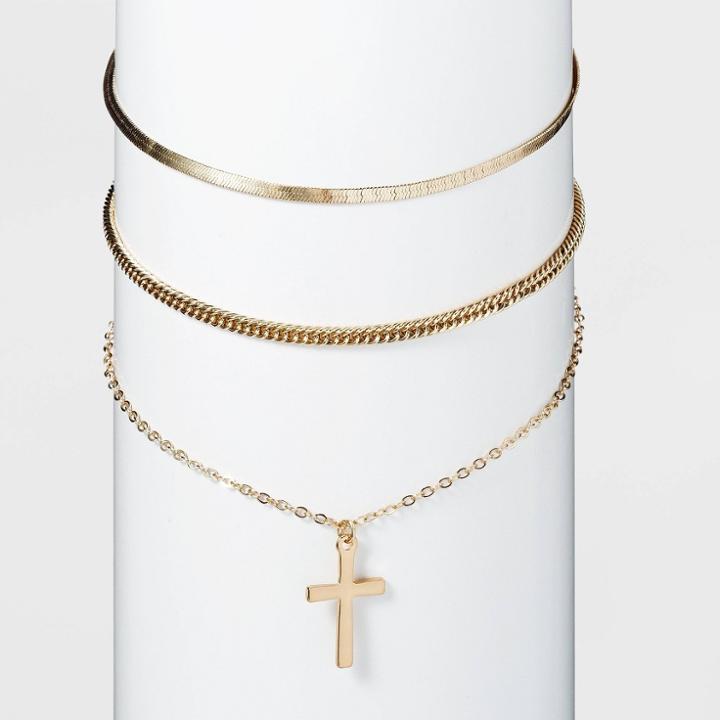 Shiny Gold Cross And Chain Necklace Set 3pc - Wild Fable Gold