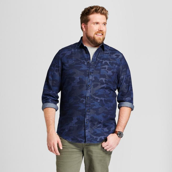Men's Big & Tall Long Sleeve Button-down Shirt - Goodfellow & Co Navy (blue) Voyage