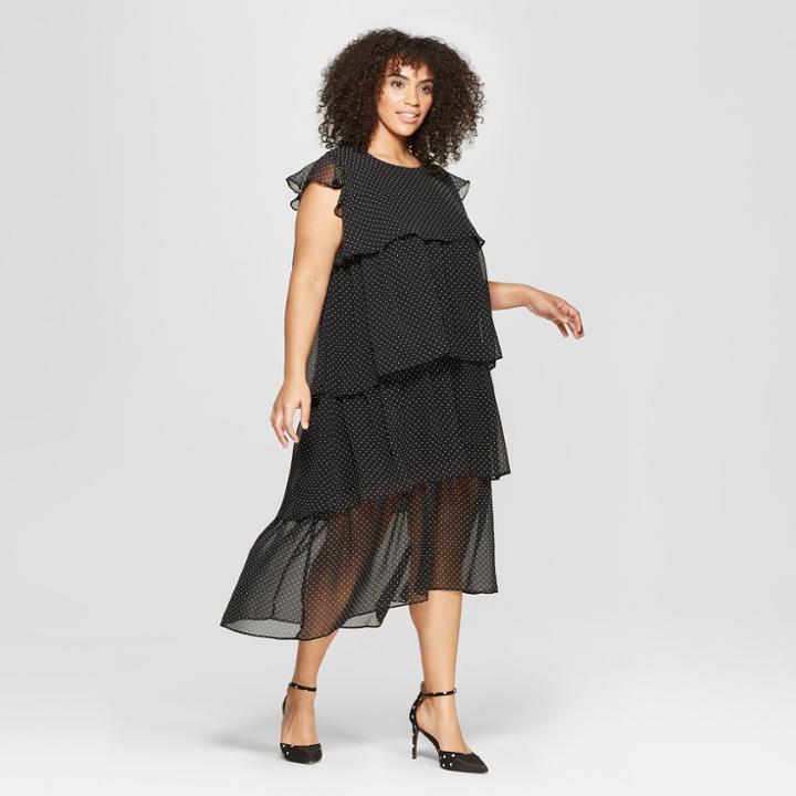 Women's Plus Size Polka Dot Short Sleeve Tiered Midi Dress - Who What Wear Black/white