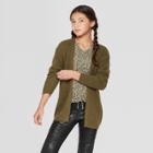 Girls' Lace-up Back Long Sleeve Cardigan - Art Class Olive