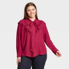 Women's Plus Size Ruffle Long Sleeve Dramatic Blouse - A New Day Dark Pink