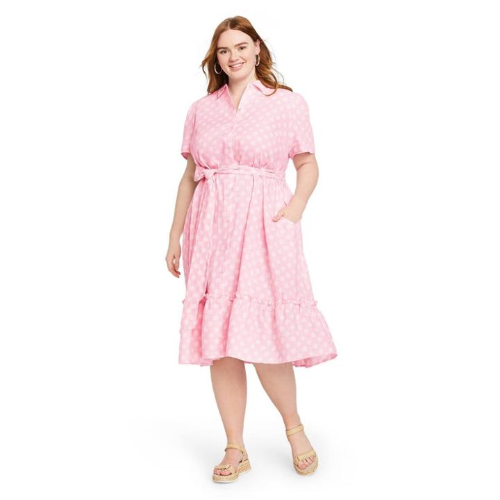 Women's Plus Size Polka Dot Puff Sleeve Shirtdress - Lisa Marie Fernandez For Target Pink/white