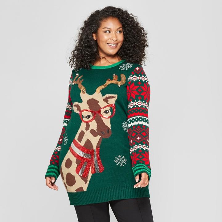Women's Plus Size Christmas Giraffe Ugly Sweater - 33 Degrees (juniors') Green